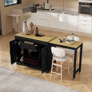 English Elm U_style Extendable Counter Bar Cabinet with Wine Rack Stemware Holder and Storage Drawer WY000492AAB