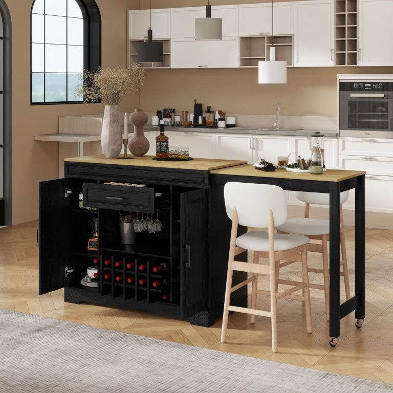 English Elm U_style Extendable Counter Bar Cabinet with Wine Rack Stemware Holder and Storage Drawer WY000492AAB