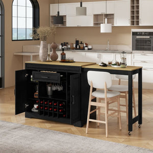 English Elm U_style Extendable Counter Bar Cabinet with Wine Rack Stemware Holder and Storage Drawer WY000492AAB