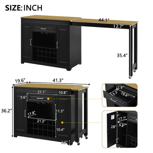 English Elm U_style Extendable Counter Bar Cabinet with Wine Rack Stemware Holder and Storage Drawer WY000492AAB