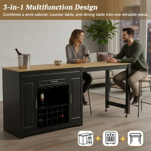English Elm U_style Extendable Counter Bar Cabinet with Wine Rack Stemware Holder and Storage Drawer WY000492AAB