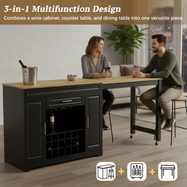 English Elm U_style Extendable Counter Bar Cabinet with Wine Rack Stemware Holder and Storage Drawer WY000492AAB