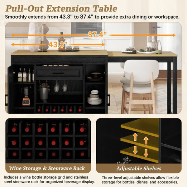 English Elm U_style Extendable Counter Bar Cabinet with Wine Rack Stemware Holder and Storage Drawer WY000492AAB