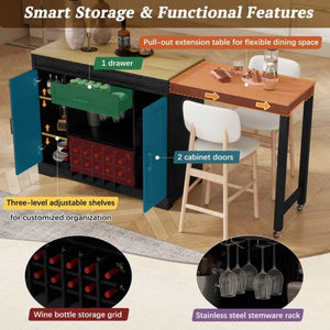 English Elm U_style Extendable Counter Bar Cabinet with Wine Rack Stemware Holder and Storage Drawer WY000492AAB
