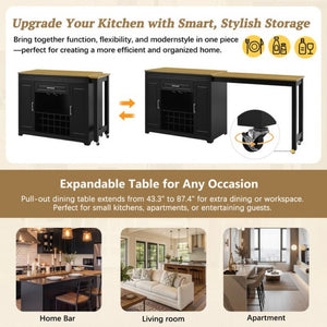 English Elm U_style Extendable Counter Bar Cabinet with Wine Rack Stemware Holder and Storage Drawer WY000492AAB