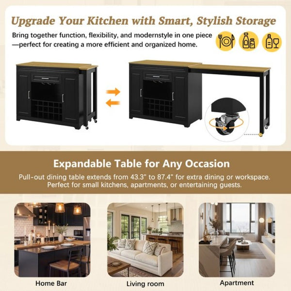 English Elm U_style Extendable Counter Bar Cabinet with Wine Rack Stemware Holder and Storage Drawer WY000492AAB