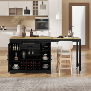English Elm U_style Extendable Counter Bar Cabinet with Wine Rack Stemware Holder and Storage Drawer WY000492AAB