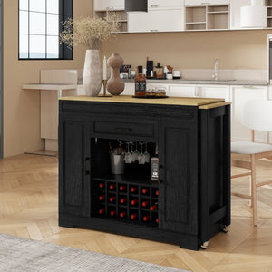 English Elm U_style Extendable Counter Bar Cabinet with Wine Rack Stemware Holder and Storage Drawer WY000492AAB