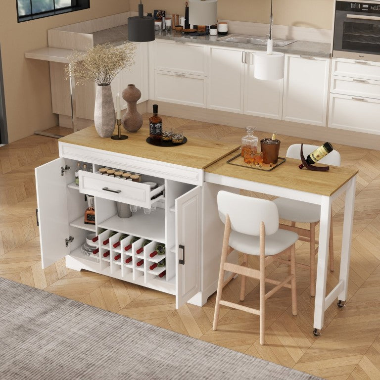 English Elm U_style Extendable Bar Sideboard with Wine Rack Stemware Holder Wheels and Drawer WY000492AAK