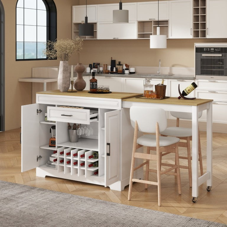 English Elm U_style Extendable Bar Sideboard with Wine Rack Stemware Holder Wheels and Drawer WY000492AAK