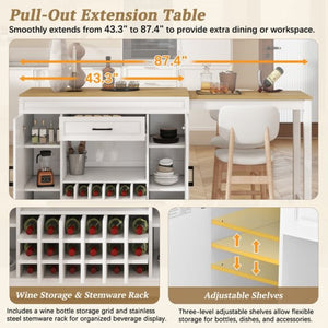 English Elm U_style Extendable Bar Sideboard with Wine Rack Stemware Holder Wheels and Drawer WY000492AAK
