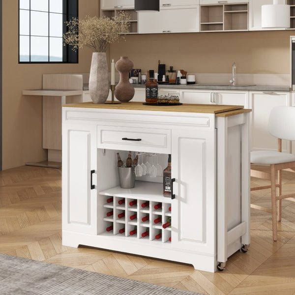 English Elm U_style Extendable Bar Sideboard with Wine Rack Stemware Holder Wheels and Drawer WY000492AAK