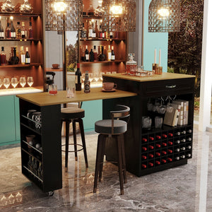 English Elm U-style Rolling Bar Cabinet with Extendable Countertop Wine Rack and Stemware Storage Black+Natural WY000493AAB