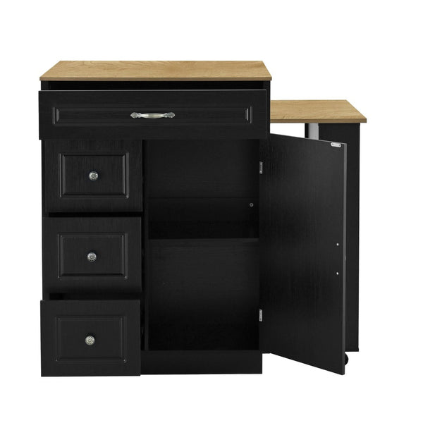 English Elm U-style Rolling Bar Cabinet with Extendable Countertop Wine Rack and Stemware Storage Black+Natural WY000493AAB