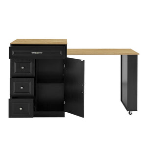 English Elm U-style Rolling Bar Cabinet with Extendable Countertop Wine Rack and Stemware Storage Black+Natural WY000493AAB