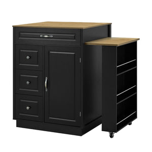 English Elm U-style Rolling Bar Cabinet with Extendable Countertop Wine Rack and Stemware Storage Black+Natural WY000493AAB
