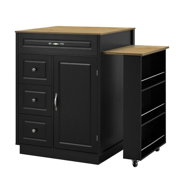 English Elm U-style Rolling Bar Cabinet with Extendable Countertop Wine Rack and Stemware Storage Black+Natural WY000493AAB