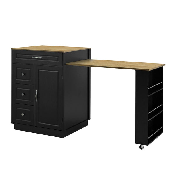 English Elm U-style Rolling Bar Cabinet with Extendable Countertop Wine Rack and Stemware Storage Black+Natural WY000493AAB
