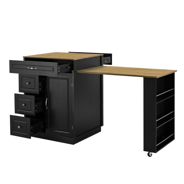 English Elm U-style Rolling Bar Cabinet with Extendable Countertop Wine Rack and Stemware Storage Black+Natural WY000493AAB