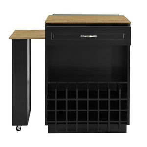 English Elm U-style Rolling Bar Cabinet with Extendable Countertop Wine Rack and Stemware Storage Black+Natural WY000493AAB