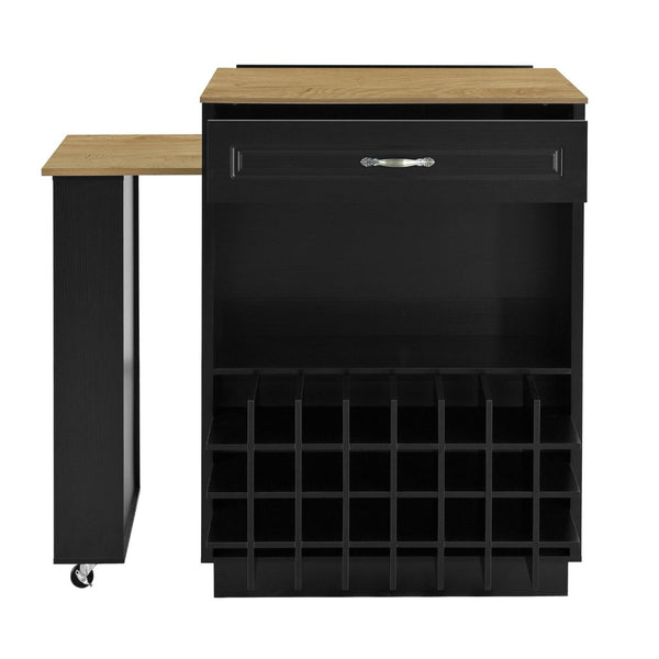 English Elm U-style Rolling Bar Cabinet with Extendable Countertop Wine Rack and Stemware Storage Black+Natural WY000493AAB