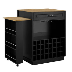 English Elm U-style Rolling Bar Cabinet with Extendable Countertop Wine Rack and Stemware Storage Black+Natural WY000493AAB