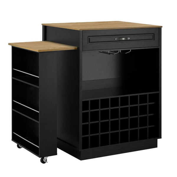 English Elm U-style Rolling Bar Cabinet with Extendable Countertop Wine Rack and Stemware Storage Black+Natural WY000493AAB