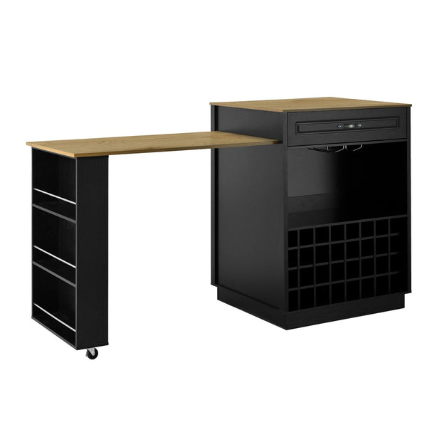 English Elm U-style Rolling Bar Cabinet with Extendable Countertop Wine Rack and Stemware Storage Black+Natural WY000493AAB