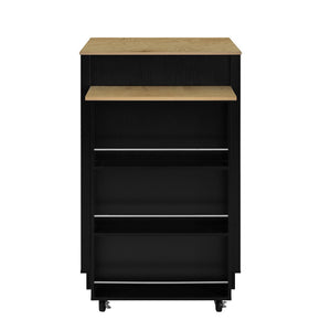 English Elm U-style Rolling Bar Cabinet with Extendable Countertop Wine Rack and Stemware Storage Black+Natural WY000493AAB
