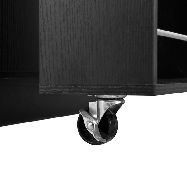 English Elm U-style Rolling Bar Cabinet with Extendable Countertop Wine Rack and Stemware Storage Black+Natural WY000493AAB
