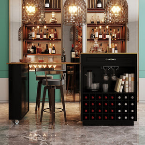 English Elm U-style Rolling Bar Cabinet with Extendable Countertop Wine Rack and Stemware Storage Black+Natural WY000493AAB