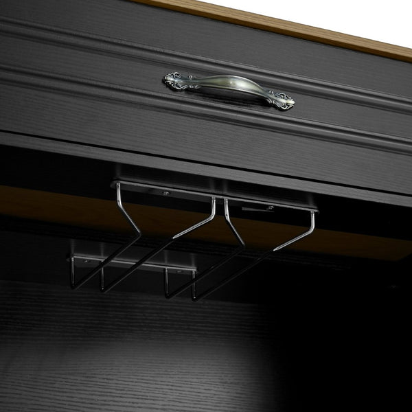 English Elm U-style Rolling Bar Cabinet with Extendable Countertop Wine Rack and Stemware Storage Black+Natural WY000493AAB