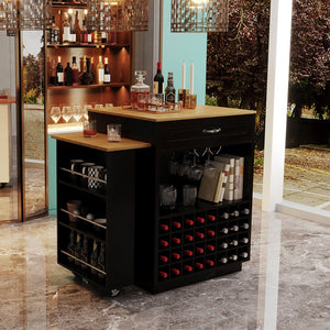 English Elm U-style Rolling Bar Cabinet with Extendable Countertop Wine Rack and Stemware Storage Black+Natural WY000493AAB