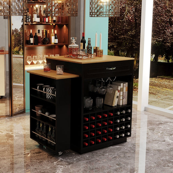 English Elm U-style Rolling Bar Cabinet with Extendable Countertop Wine Rack and Stemware Storage Black+Natural WY000493AAB