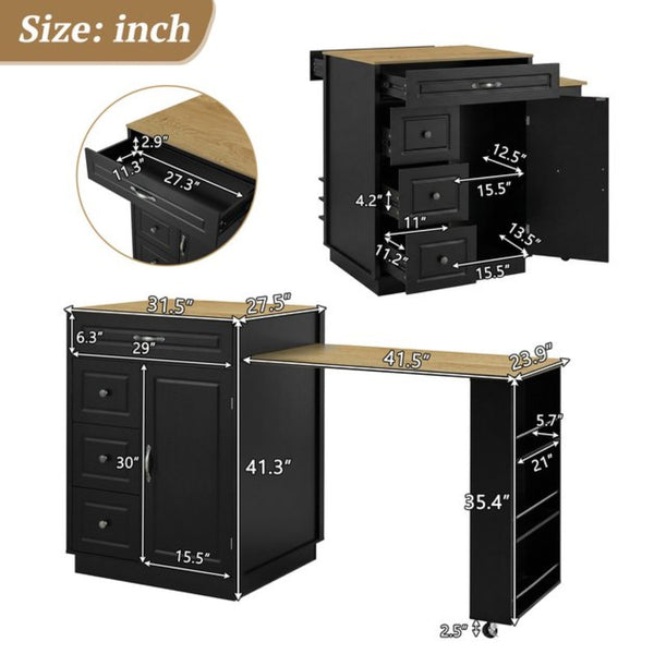 English Elm U-style Rolling Bar Cabinet with Extendable Countertop Wine Rack and Stemware Storage Black+Natural WY000493AAB