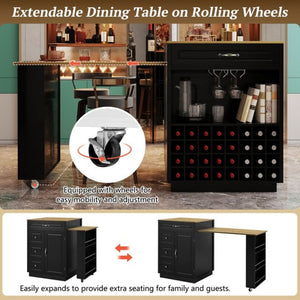 English Elm U-style Rolling Bar Cabinet with Extendable Countertop Wine Rack and Stemware Storage Black+Natural WY000493AAB
