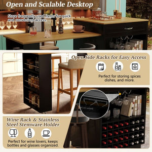 English Elm U-style Rolling Bar Cabinet with Extendable Countertop Wine Rack and Stemware Storage Black+Natural WY000493AAB