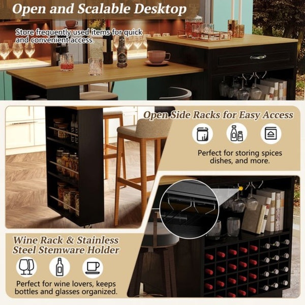 English Elm U-style Rolling Bar Cabinet with Extendable Countertop Wine Rack and Stemware Storage Black+Natural WY000493AAB