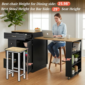English Elm U-style Rolling Bar Cabinet with Extendable Countertop Wine Rack and Stemware Storage Black+Natural WY000493AAB