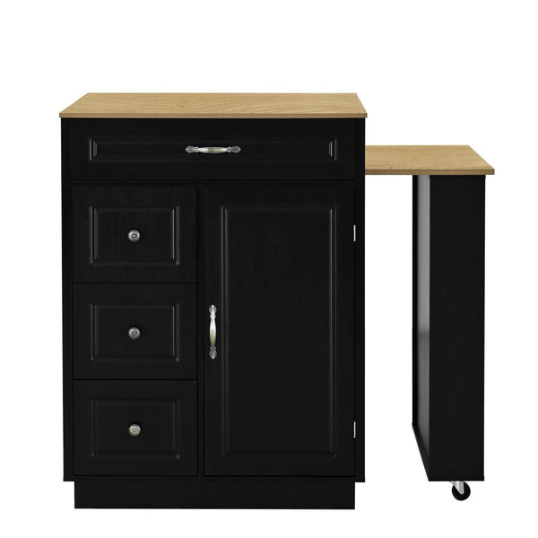 English Elm U-style Rolling Bar Cabinet with Extendable Countertop Wine Rack and Stemware Storage Black+Natural WY000493AAB