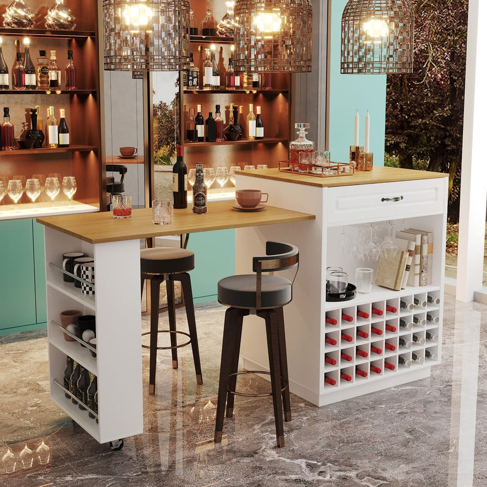 English Elm U-style Rolling Bar Cabinet with Extendable Countertop Wine Rack and Stemware Storage White+Natural WY000493AAK