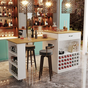 English Elm U-style Rolling Bar Cabinet with Extendable Countertop Wine Rack and Stemware Storage White+Natural WY000493AAK