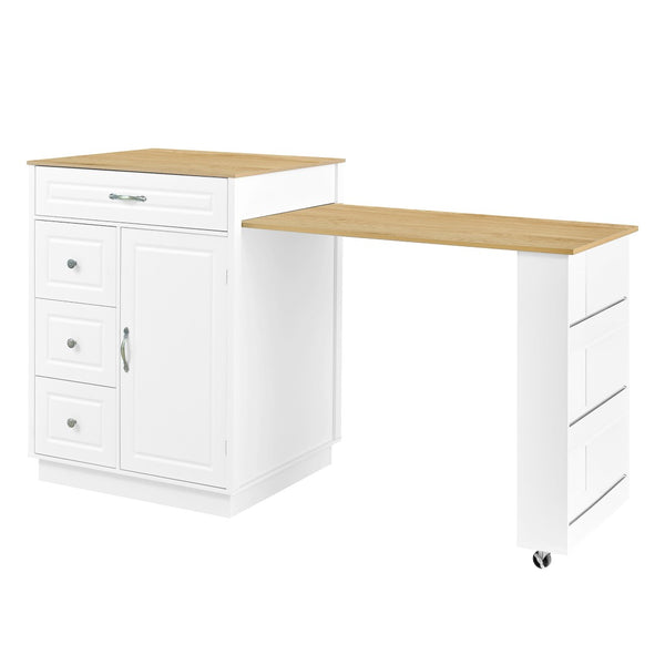 English Elm U-style Rolling Bar Cabinet with Extendable Countertop Wine Rack and Stemware Storage White+Natural WY000493AAK