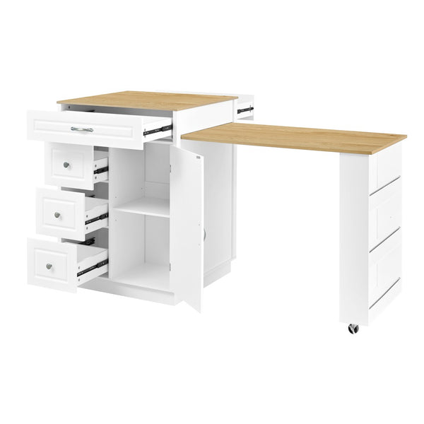 English Elm U-style Rolling Bar Cabinet with Extendable Countertop Wine Rack and Stemware Storage White+Natural WY000493AAK