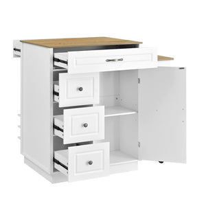 English Elm U-style Rolling Bar Cabinet with Extendable Countertop Wine Rack and Stemware Storage White+Natural WY000493AAK