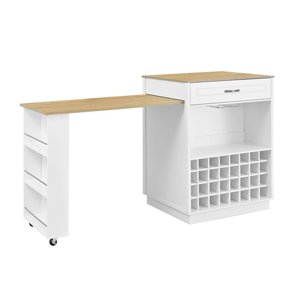 English Elm U-style Rolling Bar Cabinet with Extendable Countertop Wine Rack and Stemware Storage White+Natural WY000493AAK