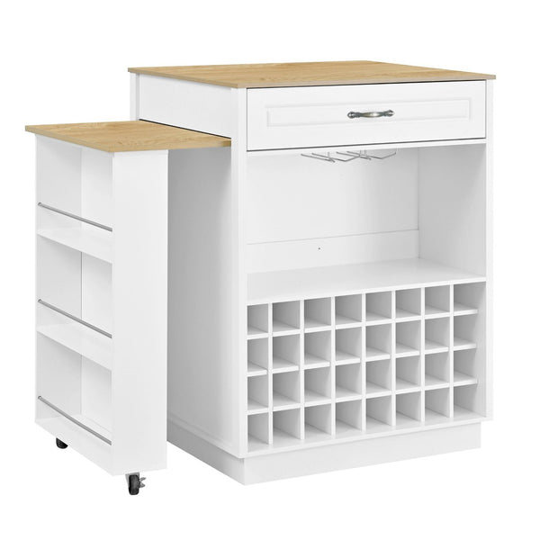 English Elm U-style Rolling Bar Cabinet with Extendable Countertop Wine Rack and Stemware Storage White+Natural WY000493AAK
