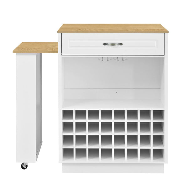 English Elm U-style Rolling Bar Cabinet with Extendable Countertop Wine Rack and Stemware Storage White+Natural WY000493AAK