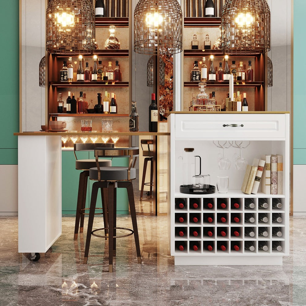 English Elm U-style Rolling Bar Cabinet with Extendable Countertop Wine Rack and Stemware Storage White+Natural WY000493AAK