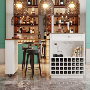 English Elm U-style Rolling Bar Cabinet with Extendable Countertop Wine Rack and Stemware Storage White+Natural WY000493AAK